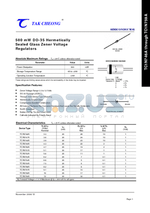 TC1N753A datasheet - 500 mW DO-35 Hermetically Sealed Glass Zener Voltage Regulators