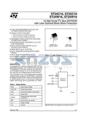 ST24W16 datasheet - 16 Kbit Serial I2C Bus EEPROM with User-Defined Block Write Protection