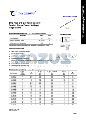 TC1N963B datasheet - 500 mW DO-35 Hermetically Sealed Glass Zener Voltage Regulators