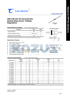 TC1N749A datasheet - 500 mW DO-35 Hermetically Sealed Glass Zener Voltage Regulators