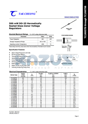 TC1N968B datasheet - 500 mW DO-35 Hermetically Sealed Glass Zener Voltage Regulators