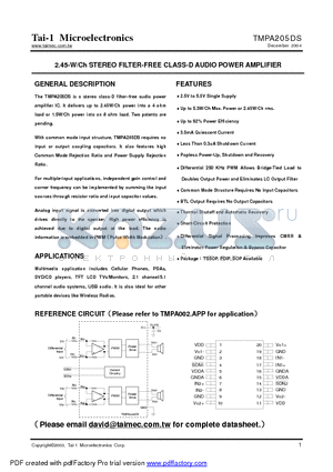 TMPA205DS datasheet - 2.45-W/Ch STEREO FILTER-FREE CLASS-D AUDIO POWER AMPLIFIER