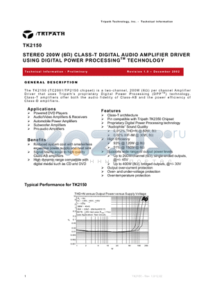 TC2001 datasheet - STEREO 200W CLASS-T DIGITAL AUDIO AMPLIFIER DRIVER USING DIGITAL POWER PROCESSING TECHNOLOGY