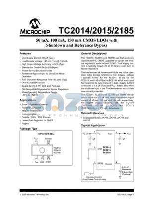 TC2015 datasheet - 50 mA, 100 mA, 150 mA CMOS LDOs with Shutdown and Reference Bypass