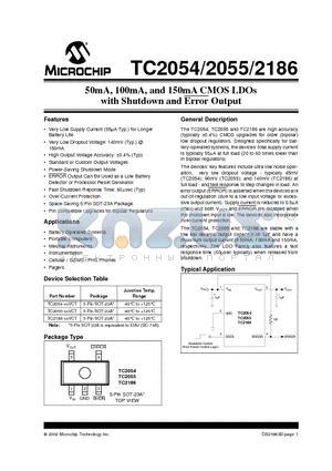 TC2054 datasheet - 50mA, 100mA, and 150mA CMOS LDOs with Shutdown and Error Output