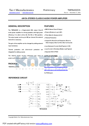 TMPA402DS datasheet - 6W/Ch STEREO CLASS-D AUDIO POWER AMPLIFIER