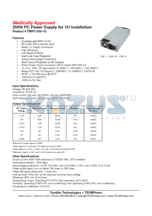 TMPC-350-1U datasheet - 350W PC Power Supply for 1U Installation