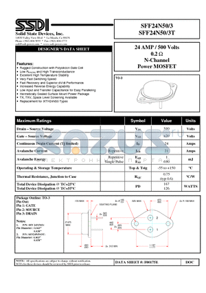 SFF24N50-3 datasheet - 24 AMP / 500 Volts 0.2 ohm N-Channel Power MOSFET