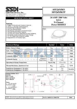 SFF24N50/3 datasheet - 24 AMP / 500 Volts 0.2 ohm N-Channel Power MOSFET