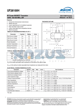 UF28100H datasheet - RF Power MOSFET Transistor 100W, 100-500 MHz, 28V