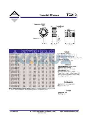 TC210-100L-RC datasheet - Toroidal Chokes