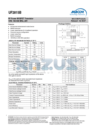 UF2815B datasheet - RF Power MOSFET Transistor 15W, 100-500 MHz, 28V
