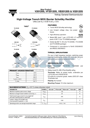 VI20120S datasheet - High-Voltage Trench MOS Barrier Schottky Rectifier Ultra Low VF = 0.50 V at IF = 5 A