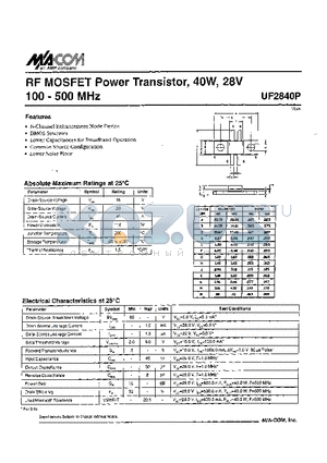 UF2840P datasheet - RF MOSFET Power Transistor, 4OW, 28V 100 - 500 MHz