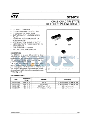 ST26C31BTR datasheet - CMOS QUAD TRI-STATE DIFFERENTIAL LINE DRIVER