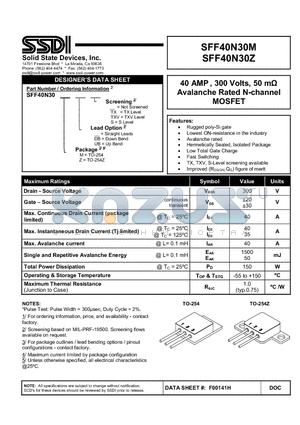 SFF40N30M datasheet - Avalanche Rated N-channel MOSFET