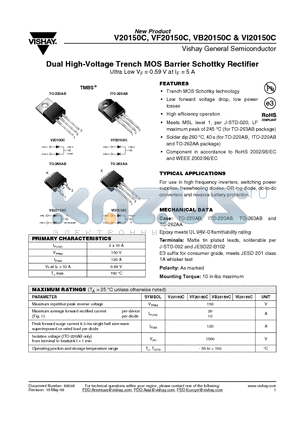 VI20150C-E3/4W datasheet - Dual High-Voltage Trench MOS Barrier Schottky Rectifier Ultra Low VF = 0.59 V at IF = 5 A