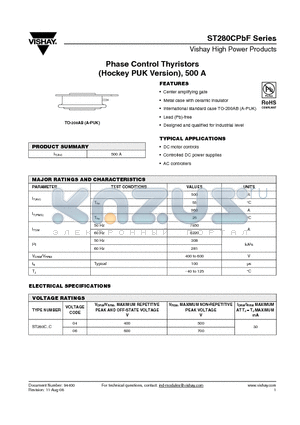 ST280C04C1LPBF datasheet - Phase Control Thyristors (Hockey PUK Version), 500 A