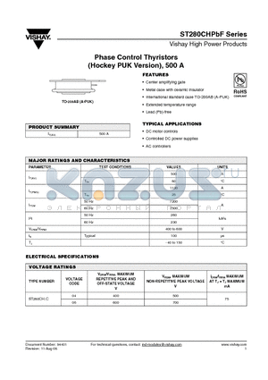 ST280CHPBF datasheet - Phase Control Thyristors (Hockey PUK Version), 500 A
