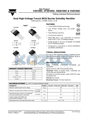 VI30100C-E3/4W datasheet - Dual High-Voltage Trench MOS Barrier Schottky Rectifier Ultra Low VF = 0.455 V at IF = 5 A