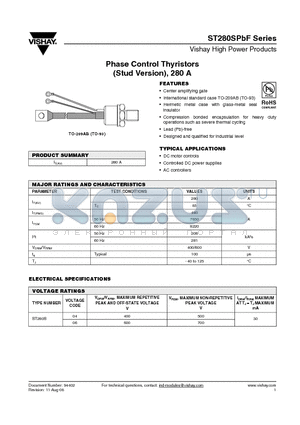 ST280S datasheet - Phase Control Thyristors (Stud Version), 280 A
