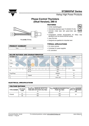 ST280SPBF datasheet - Phase Control Thyristors (Stud Version), 280 A