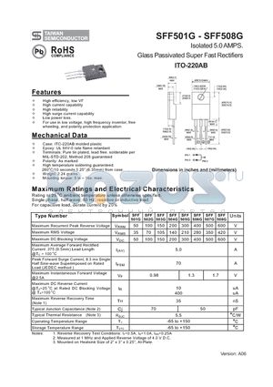 SFF503G datasheet - Isolated 5.0 AMPS. Glass Passivated Super Fast Rectifiers