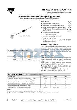 TMPG06-12 datasheet - Automotive Transient Voltage Suppressors High Temperature Stability and High Reliability Conditions