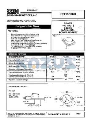 SFF75N10/3 datasheet - 75 AMP 100 VOLTS 0.025 OHM N-Channel POWER MOSFET