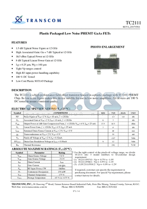 TC2111 datasheet - Plastic Packaged Low Noise PHEMT GaAs FETs