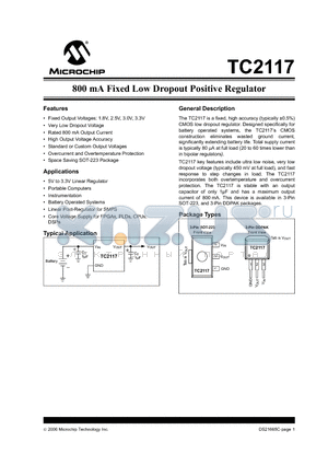 TC2117-1.8DB datasheet - 800 mA Fixed Low Dropout Positive Regulator