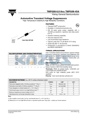 TMPG06-13 datasheet - Automotive Transient Voltage Suppressors (High Temperature Stability & High Reliability Conditions)