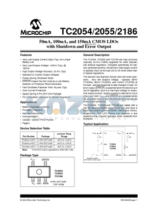 TC2186 datasheet - 50mA, 100mA, and 150mA CMOS LDOs with Shutdown and Error Output