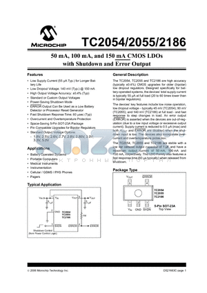 TC2186 datasheet - 50 mA, 100 mA, and 150 mA CMOS LDOs with Shutdown and Error Output