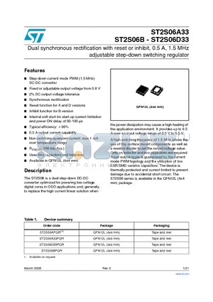 ST2S06D33 datasheet - Dual synchronous rectification with reset or inhibit, 0.5 A, 1.5 MHz adjustable step-down switching regulator