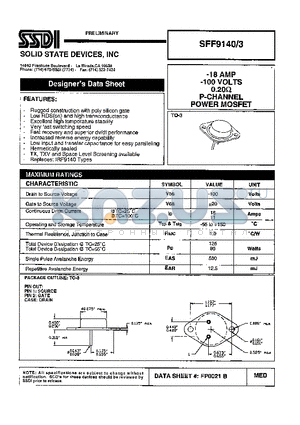 SFF9140-3 datasheet - -18 AMP -100 VOLTS 0.20 ohm P-Channel Power MOSFET