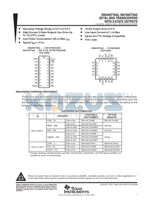 SN74HCT645NSR datasheet - OCTAL BUS TRANSCEIVERS WITH 3-STATE OUTPUTS