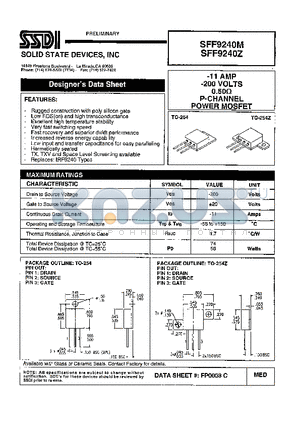 SFF9240Z datasheet - -11 AMP -200 VOLTS 0.50 ohm P-Channel Power MOSFET