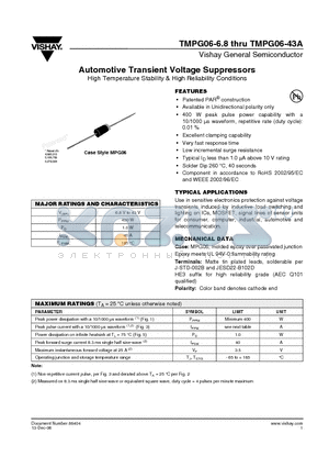 TMPG06-22 datasheet - Automotive Transient Voltage Suppressors (High Temperature Stability & High Reliability Conditions)