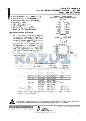 SN74HCT74DT datasheet - DUAL D-TYPE POSITIVE-EDGE-TRIGGERED FLIP-FLOPS WITH CLEAR AND PRESET