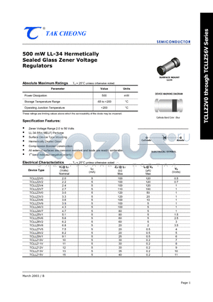 TC22V datasheet - 500 mW LL-34 Hermetically Sealed Glass Zener Voltage Regulators