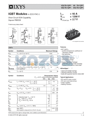VID75-12P1 datasheet - IGBT Modules in ECO-PAC 2 Short Circuit SOA Capability Square RBSOA