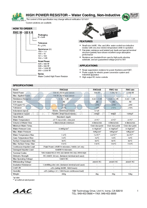 RWC50A-102KB datasheet - HIGH POWER RESISTOR - Water Cooling, Non-Inductive