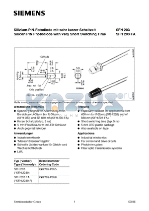 SFH2030 datasheet - Silizium-PIN-Fotodiode mit sehr kurzer Schaltzeit Silicon PIN Photodiode with Very Short Switching Time