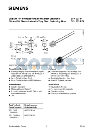 SFH203PFA datasheet - Silizium-PIN-Fotodiode mit sehr kurzer Schaltzeit Silicon PIN Photodiode with Very Short Switching Time