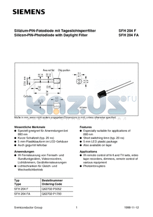 SFH204F datasheet - Silizium-PIN-Fotodiode mit Tageslichtsperrfilter Silicon-PIN-Photodiode with Daylight Filter