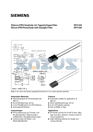 SFH205 datasheet - Silizium-PIN-Fotodiode mit Tageslichtsperrfilter Silicon-PIN-Photodiode with Daylight Filter