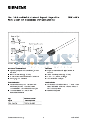 SFH205FA datasheet - Neu: Silizium-PIN-Fotodiode mit Tageslichtsperrfilter New: Silicon-PIN-Photodiode with Daylight Filter