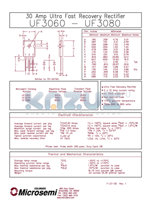 UF3060 datasheet - 30 AMP ULTRA FAST RECOVERY RECTIFIER