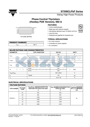 ST300C20L1-PBF datasheet - Phase Control Thyristors (Hockey PUK Version), 560 A